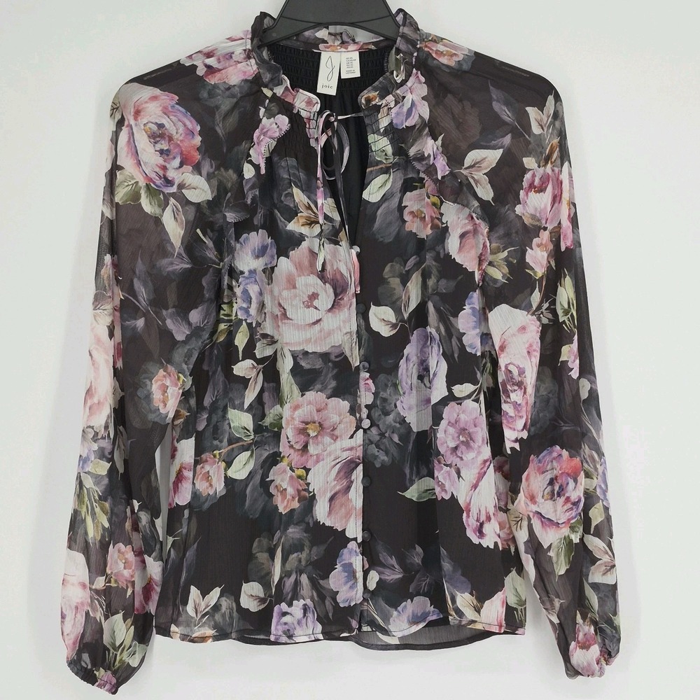 Joie Sheer Floral Blouse Ruffle Tie Neck Long Sleeve Button Front‎ Top Sz XS